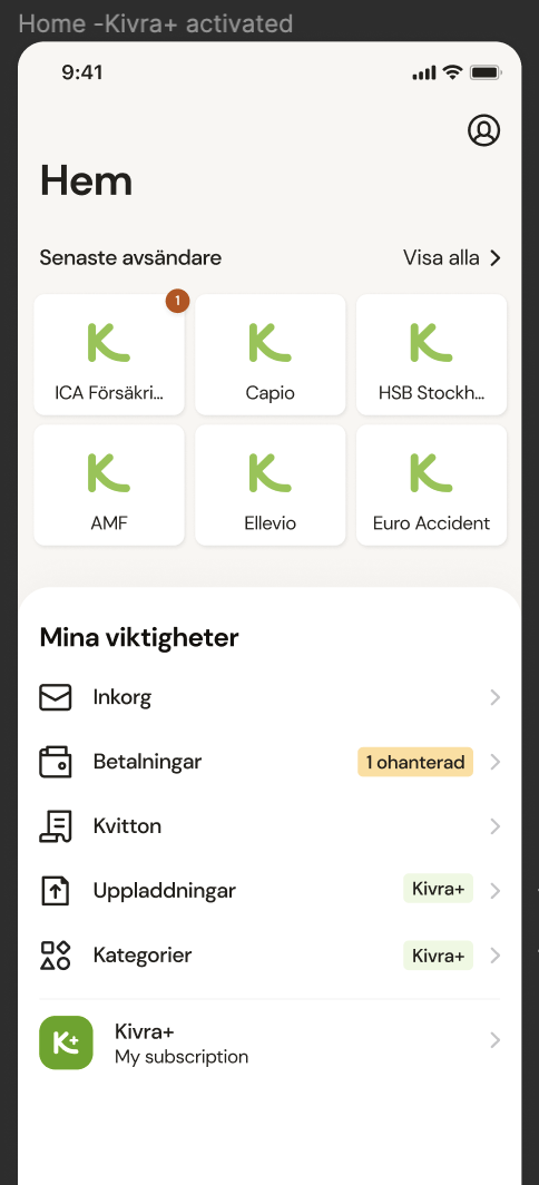 home view kivra plus when user is active